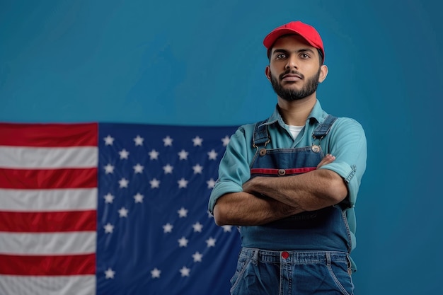 Photo male contractor wearing blank yellow hardhat over waving american flag background banner concept of labor day memorial day 4th july usa day