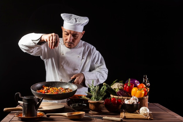 Male cook in white uniform and hat putting salt and herbs on food plate with vegetable