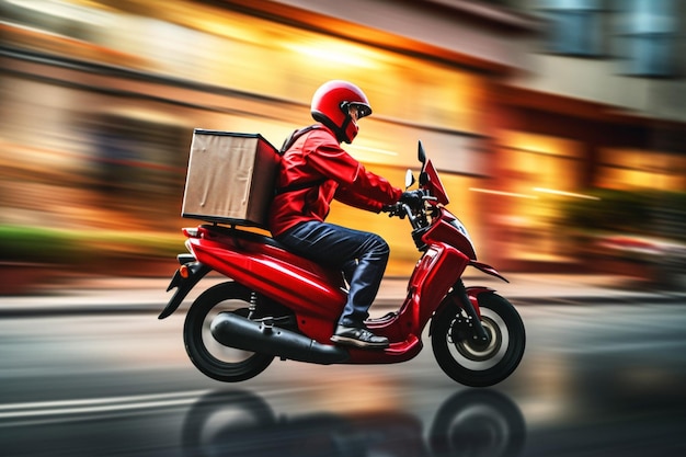 Male courier in blue uniform holding delivery box of food posing on pink