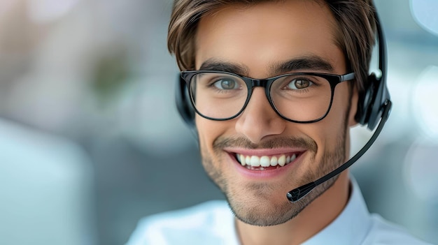 Male customer support operator with headset working on computer in office copy space on table