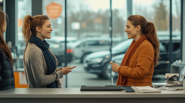 Photo male customer talking to a female clerk in a car dealership engaging conversation