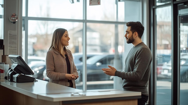 Photo male customer talking to a female clerk in a car dealership engaging conversation