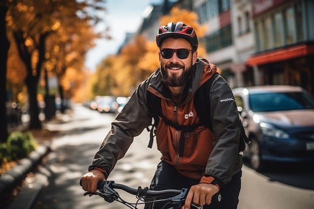 A male cyclist in the city in a helmet Generative AI