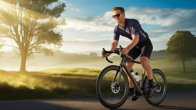 Male cyclist riding bicycle in the morning