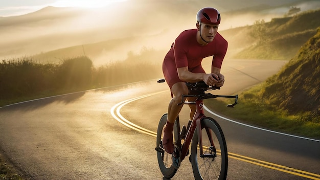 Male cyclist riding bicycle in the morning