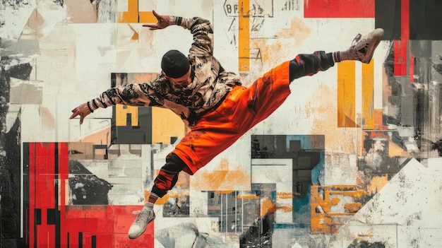 Photo a male dancer performs a dynamic leap against a colorful geometric backdrop