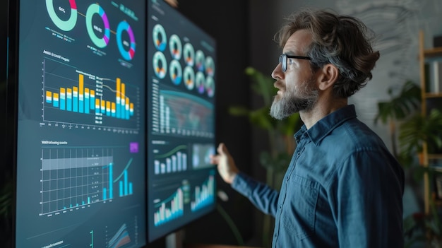 Male data analyst wearing glasses looking at graphs and charts on a large digital screen while working on a call in the office