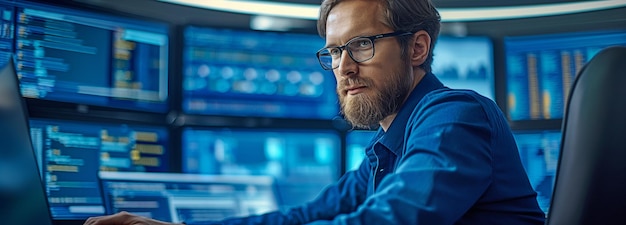 A male data center IT specialist is using a laptop while using a computer