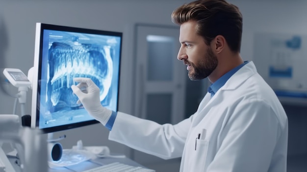 Male dentist hand pointing at computer display with dental 3D scan