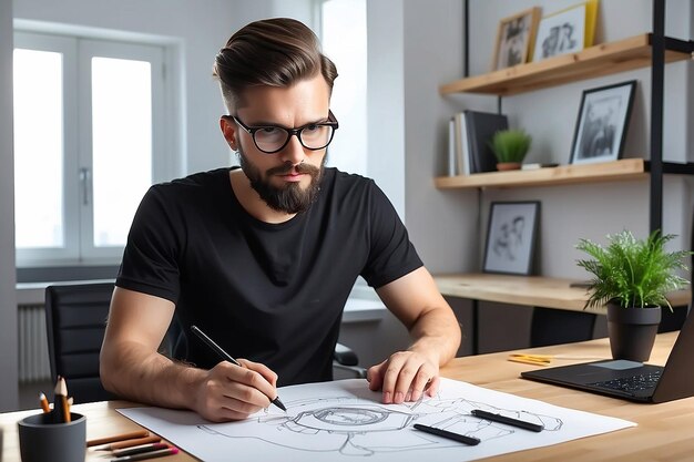 Photo male designer working on graphic tablet in home office