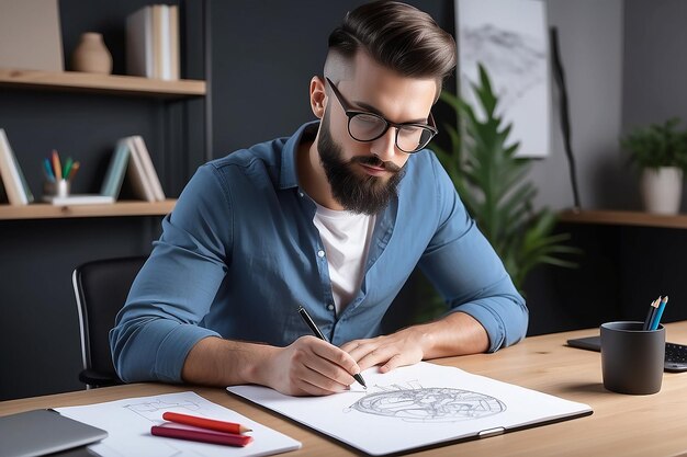 Photo male designer working on graphic tablet in home office