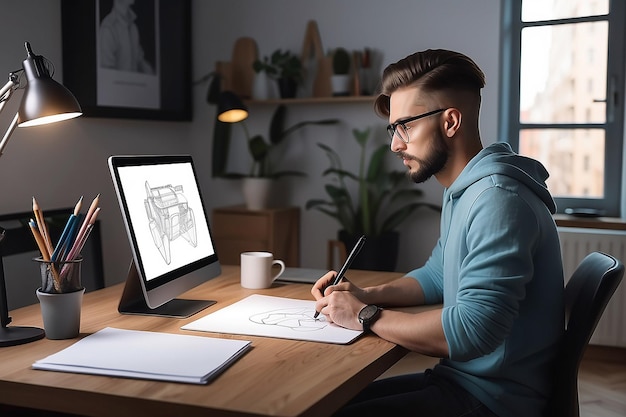 Male Designer Working on Graphic Tablet in Home Office