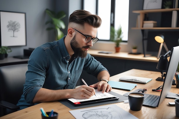 Photo male designer working on graphic tablet in home office