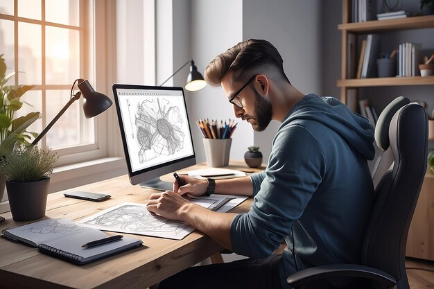 Photo male designer working on graphic tablet in home office