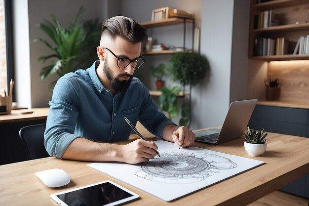 Photo male designer working on graphic tablet in home office