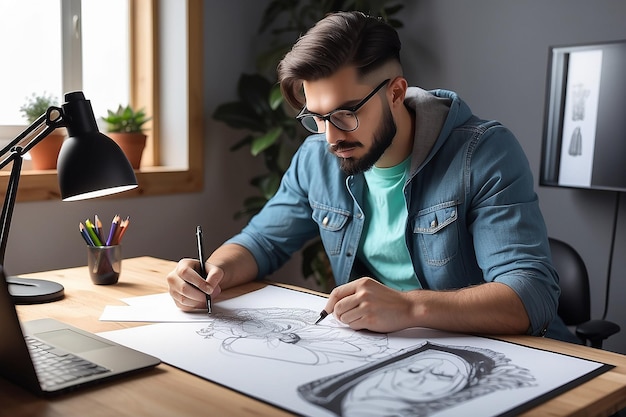 Photo male designer working on graphic tablet in home office