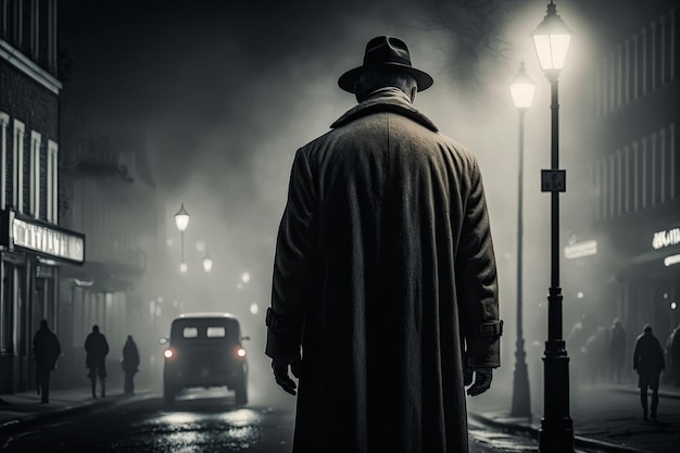 Male detective stands with his back on a night street with rain in the style of film noir