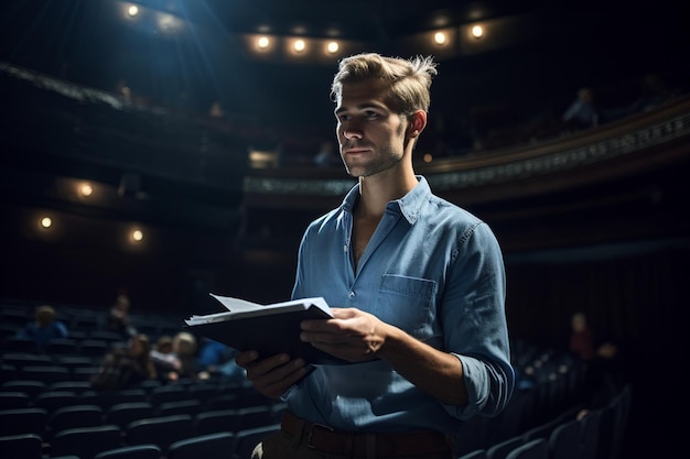 male director standing at the auditorium bokeh style background