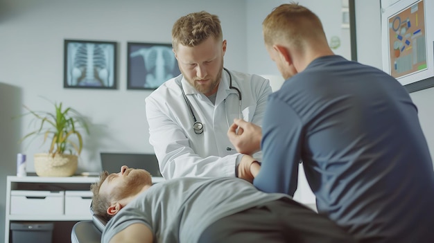 Male doctor Chiropractor performing a spinal adjustment in an office