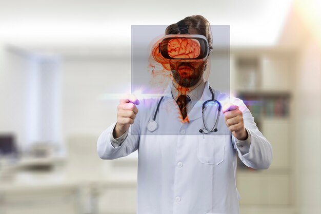 Photo male doctor in his office, using a virtual reality glasses, looking at a virtual brain