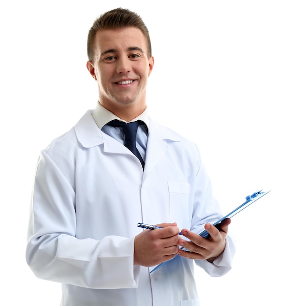 Male Doctor holding clipboard isolated on white