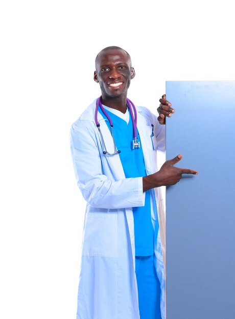 Male doctor holding empty placard