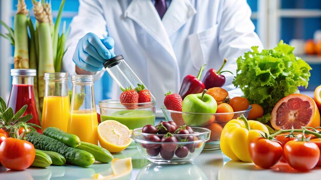 a male doctor is pouring a glass of juice into a bowl of fruit and vegetables