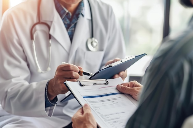 A male doctor is showing a medical report to a patient while sitting in a clinic