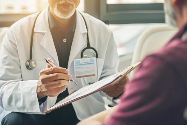 A male doctor is showing a medical report to a patient while sitting in a clinic