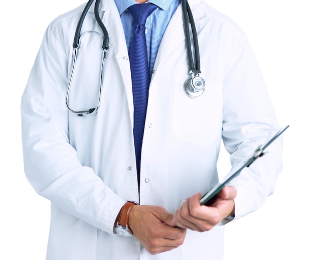 Male doctor standing with folder isolated on white background