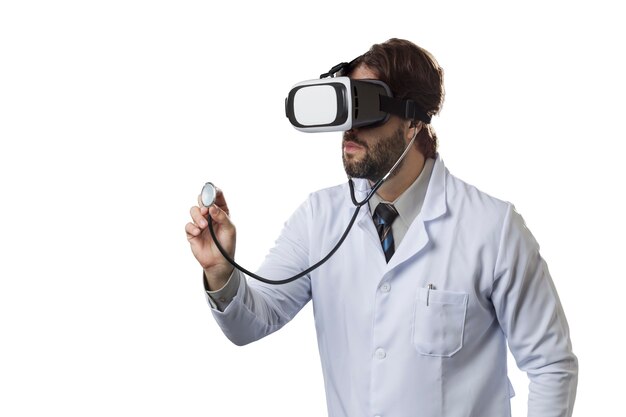 Male doctor using a Virtual Reality Glasses.