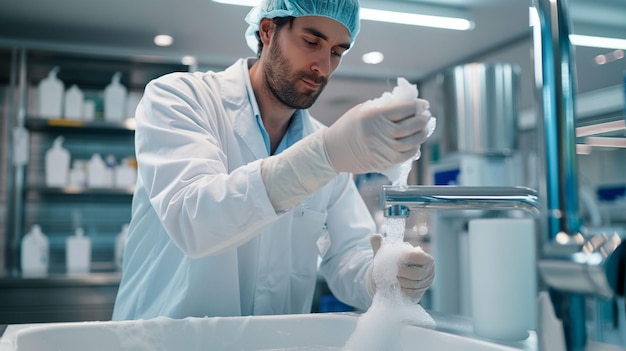 Photo male doctor washing hands before the surgery in hospital