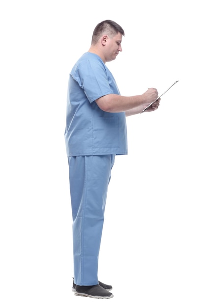 Male doctor with a clipboard  isolated on a white