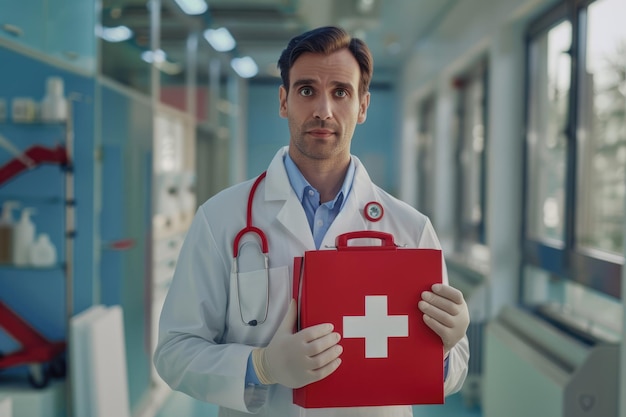 Male doctor with first aid sign in healthcare setting