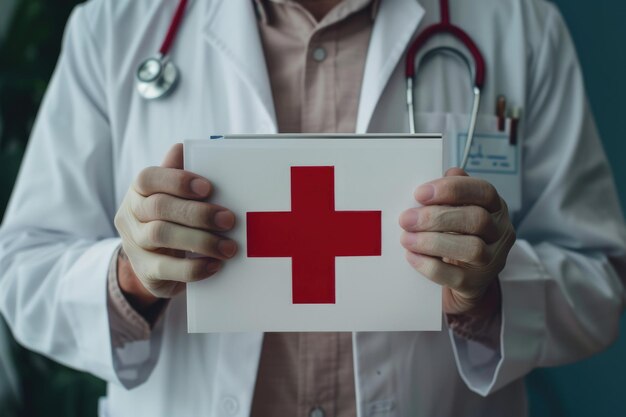 Male doctor with first aid symbol in healthcare setting