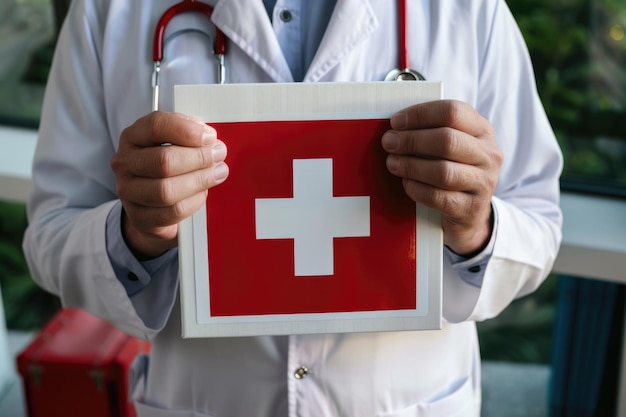 Male doctor with first aid symbol in healthcare setting