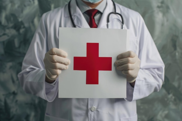 Male doctor with first aid symbol in healthcare setting