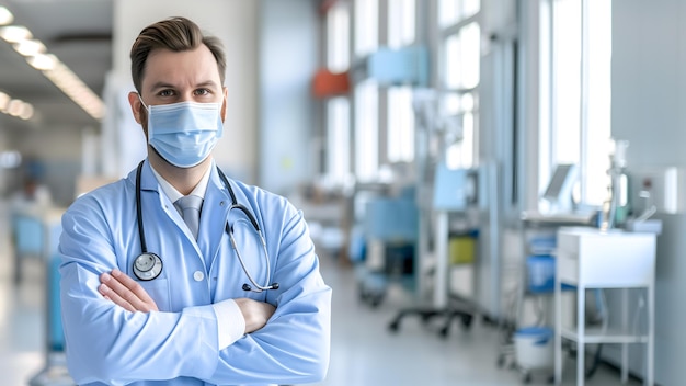 Male doctor with posing with folded arms in a hospital background