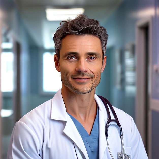 Male Doctor with Stethoscope in Corridor on Transparent Background Ideal for Professional Medical