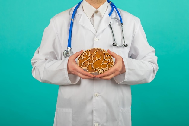 Male doctor with a stethoscope is holding mockup brains Help and care concept