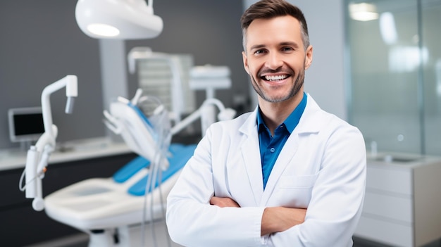 a male doctor with a white lab coat stands in front of a dental dental monitor.