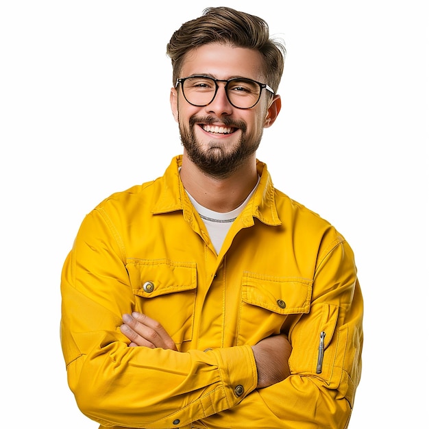 male driver wearing light yellow color suit isolated on a white background