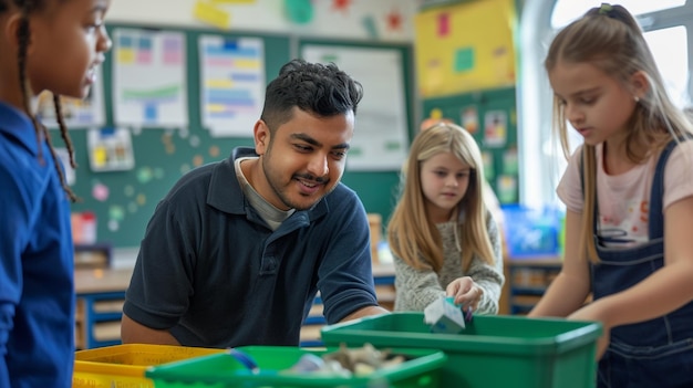 Male educator in class with students and green trash can