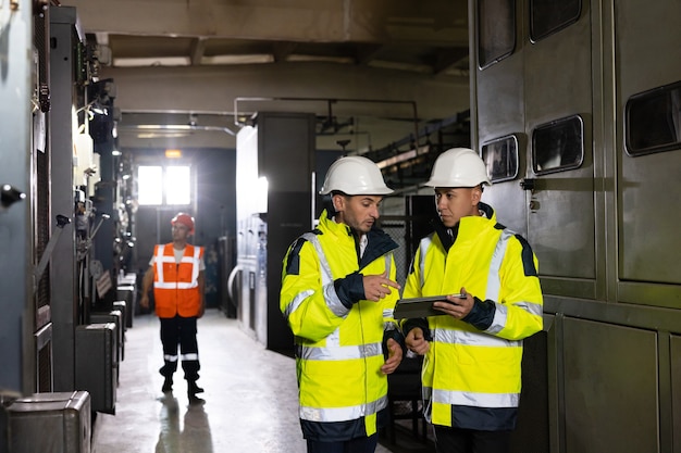 Male electrical engineers in hard hats discuss new project while using tablet computer theyre making