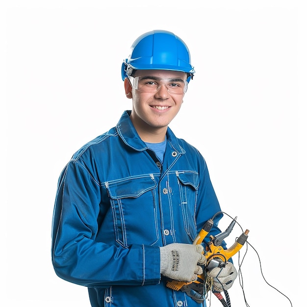 male electrician a blue uniform and a pair of scissors in a holder