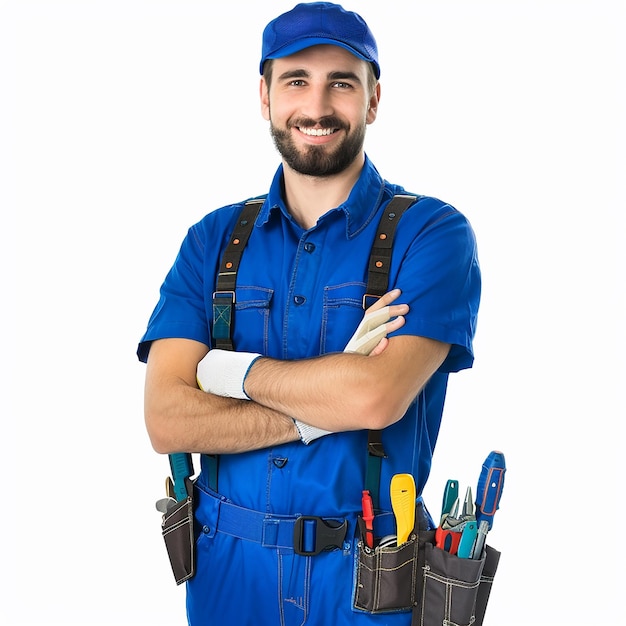 male electrician a blue uniform and a pair of scissors in a holder