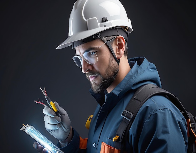 Photo male electrician in a protective helmet generative al