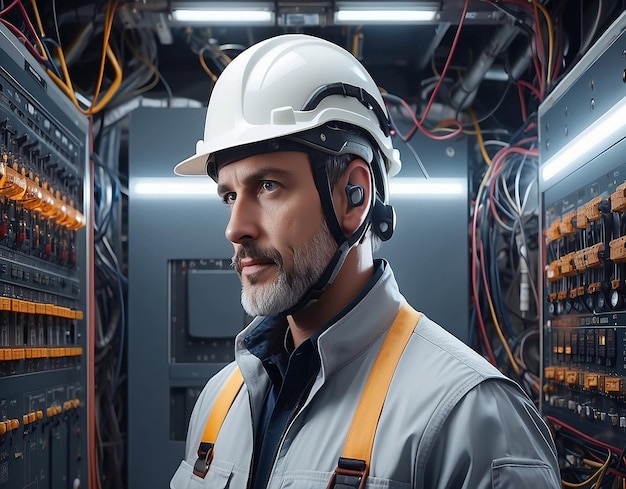 Male electrician in a protective helmet generative Al