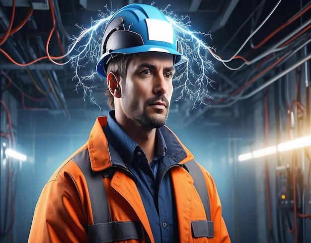 Photo male electrician in a protective helmet generative al