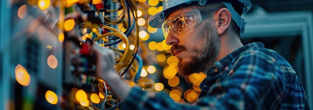 Male electrician working on an electrical panel in a factory wearing safety glasses and a hard hat